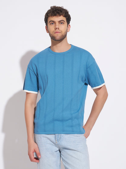 AEDENBURG Men Blue Knitted Cotton Blend T-Shirt