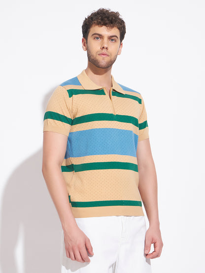 AEDENBURG Men Beige Knitted Cotton Blend T-Shirt