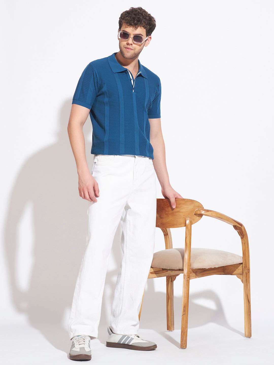 AEDENBURG Men Basket-Weave Contrast Placket Polo Regular Fit Cotton Blend T-Shirt