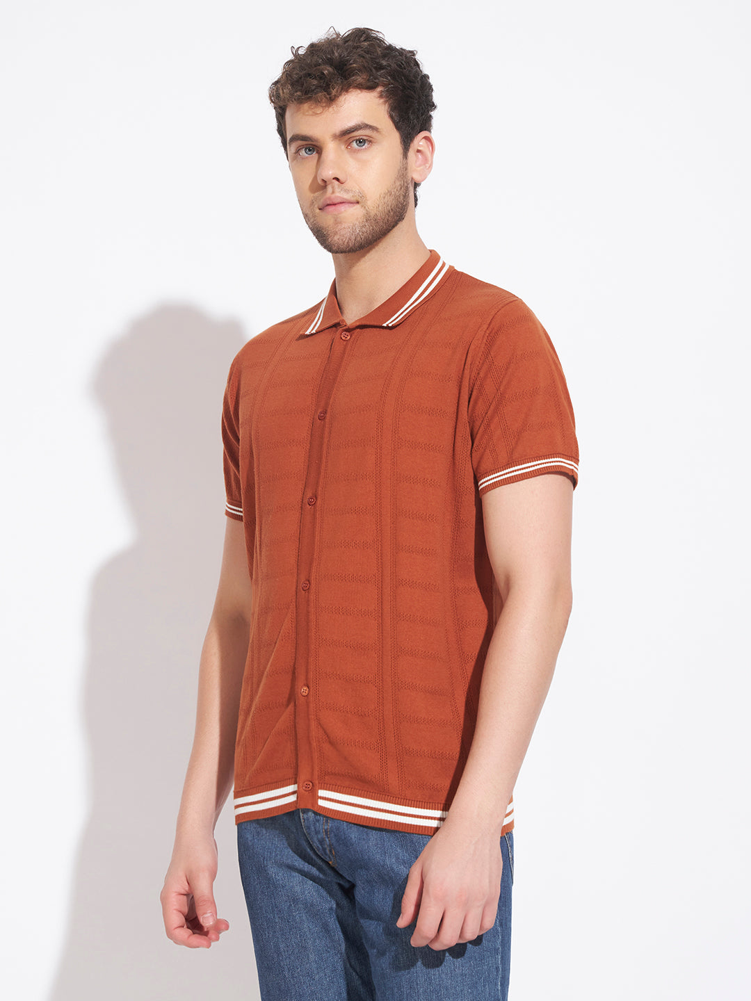 AEDENBURG Men Basket-Weave Rib Panel Stripe Polo Regular Fit Cotton Blend T-Shirt