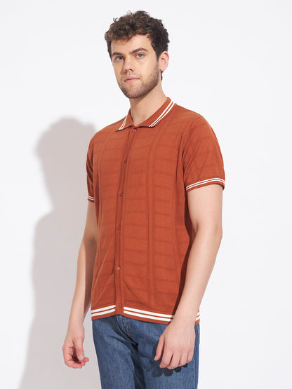 AEDENBURG Men Basket-Weave Rib Panel Stripe Polo Regular Fit Cotton Blend T-Shirt