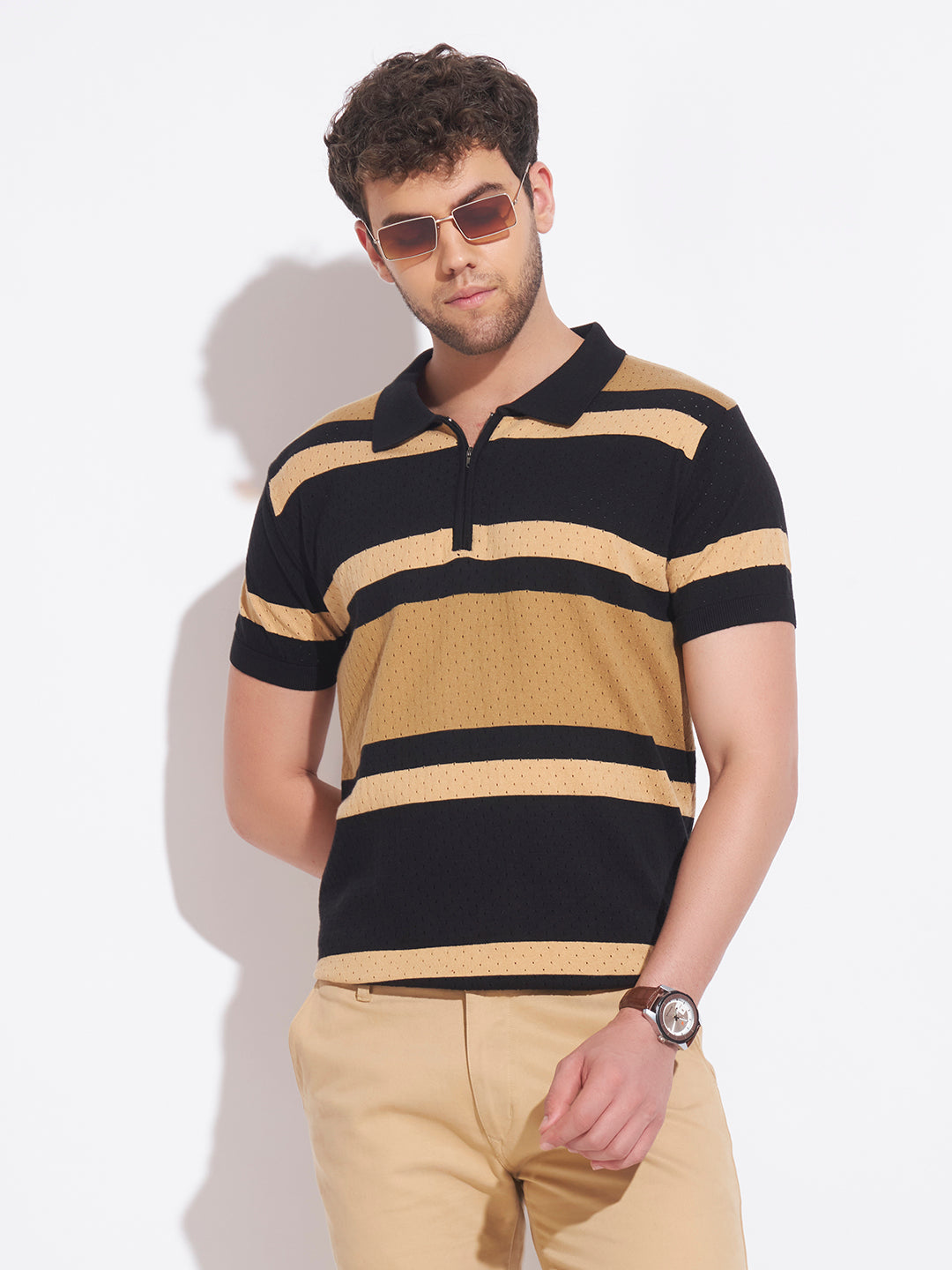 AEDENBURG Men Black Knitted Cotton Blend T-Shirt