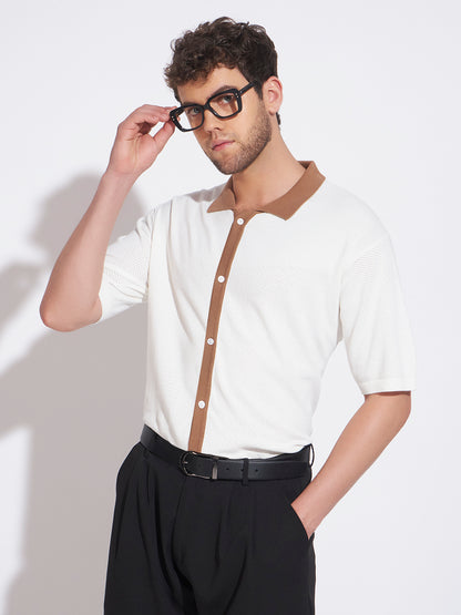 AEDENBURG Men White Knitted Cotton Blend T-Shirt