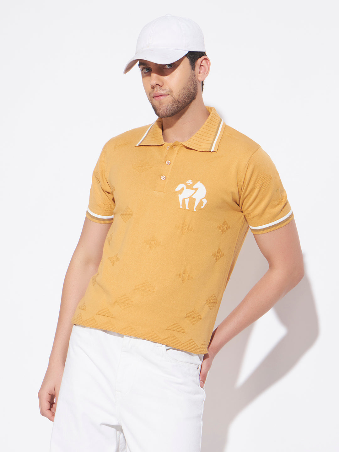 AEDENBURG Mens Jacquard Horse-Motif Polo Regular Fit Knitted Cotton Blend T-Shirt