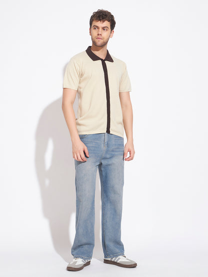 AEDENBURG Men Cream Knitted Cotton Blend T-Shirt
