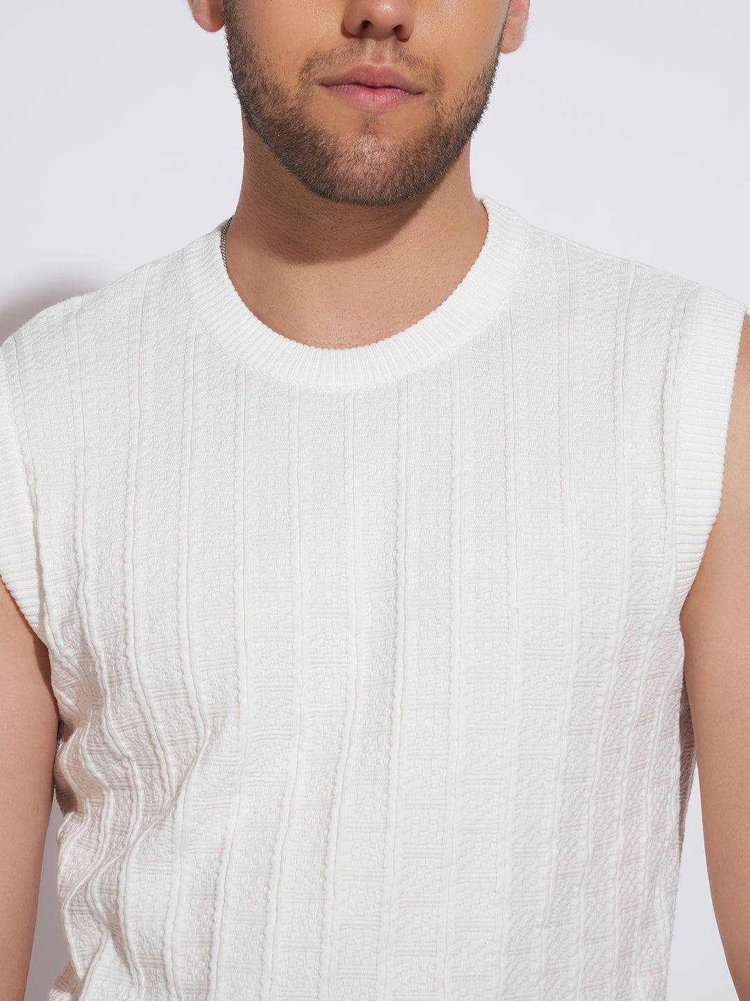 AEDENBURG Men White Knitted Cotton Blend T-Shirt