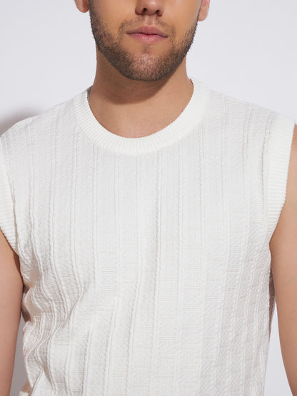 AEDENBURG Men White Knitted Cotton Blend T-Shirt