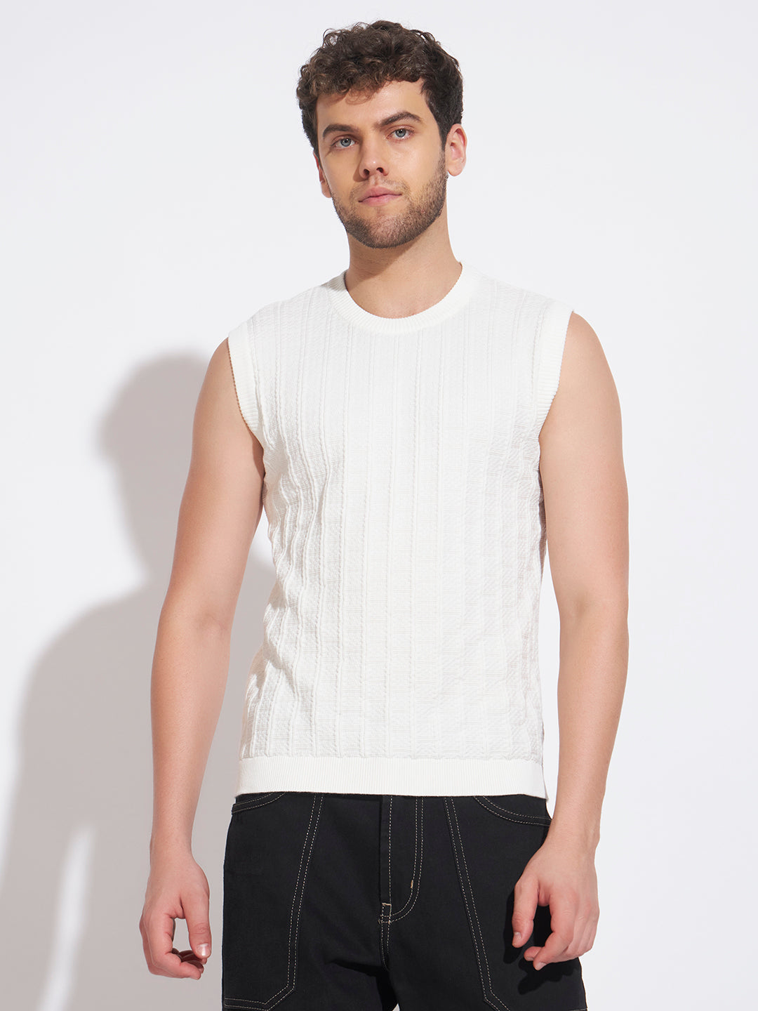 AEDENBURG Men White Knitted Cotton Blend T-Shirt