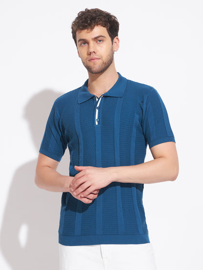 AEDENBURG Men Basket-Weave Contrast Placket Polo Regular Fit Cotton Blend T-Shirt