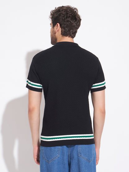 AEDENBURG Men Black Knitted Cotton Blend T-Shirt