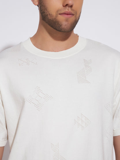 AEDENBURG Men White Knitted Cotton Blend T-Shirt