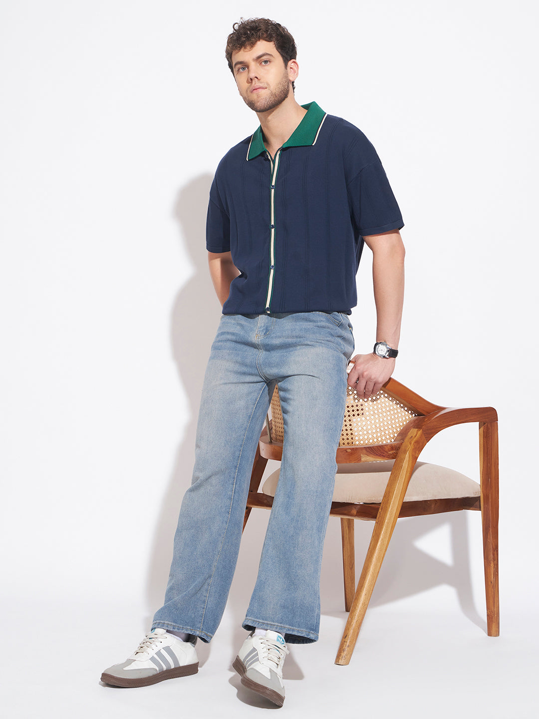 AEDENBURG Men Blue Knitted Cotton Blend T-Shirt