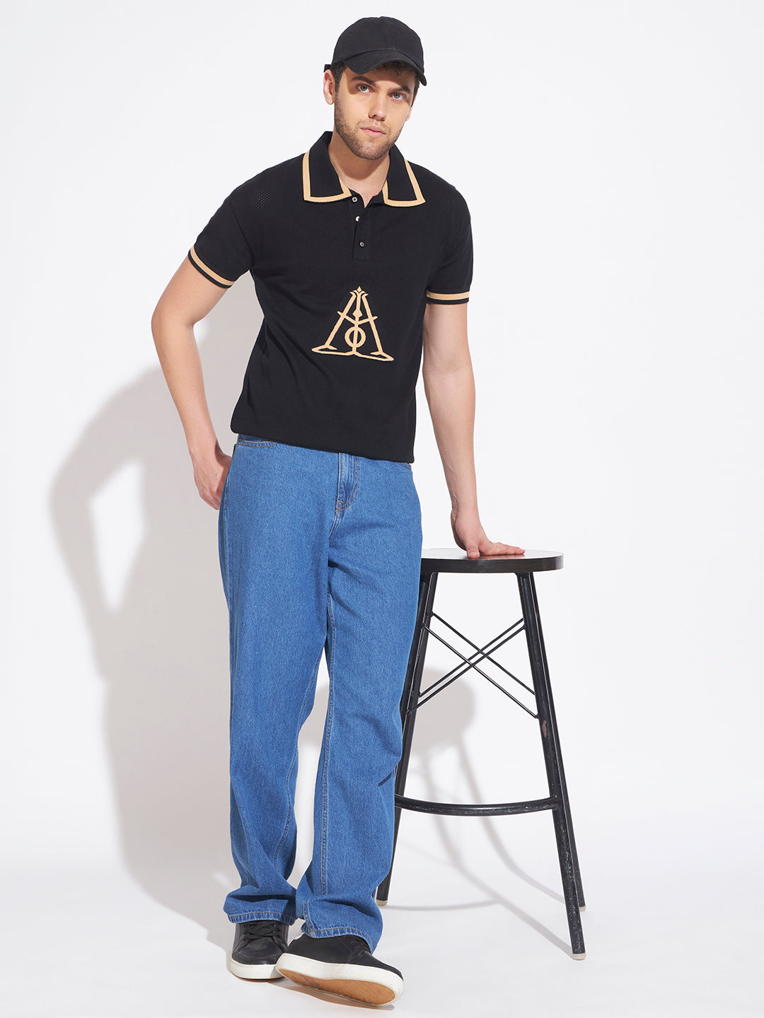 AEDENBURG Men Black Knitted Cotton Blend T-Shirt