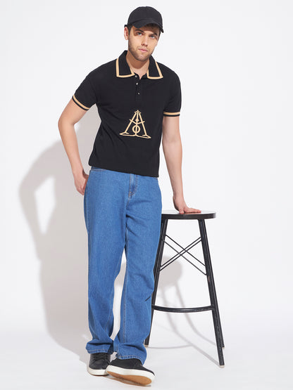AEDENBURG Men Black Knitted Cotton Blend T-Shirt
