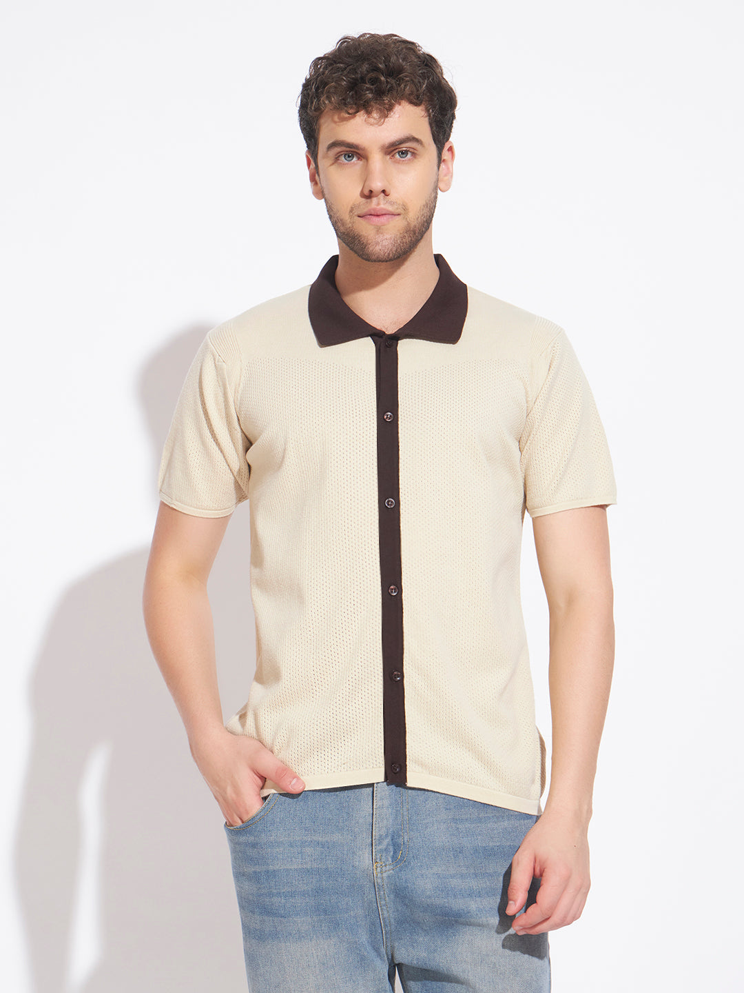 AEDENBURG Men Cream Knitted Cotton Blend T-Shirt