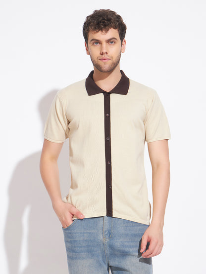 AEDENBURG Men Cream Knitted Cotton Blend T-Shirt