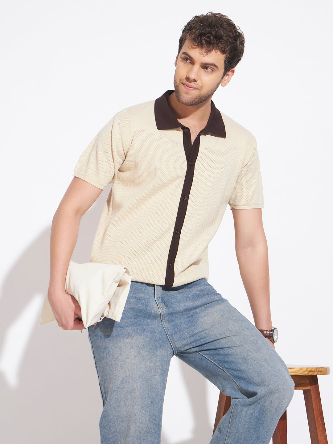 AEDENBURG Men Cream Knitted Cotton Blend T-Shirt