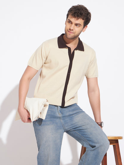 AEDENBURG Men Cream Knitted Cotton Blend T-Shirt
