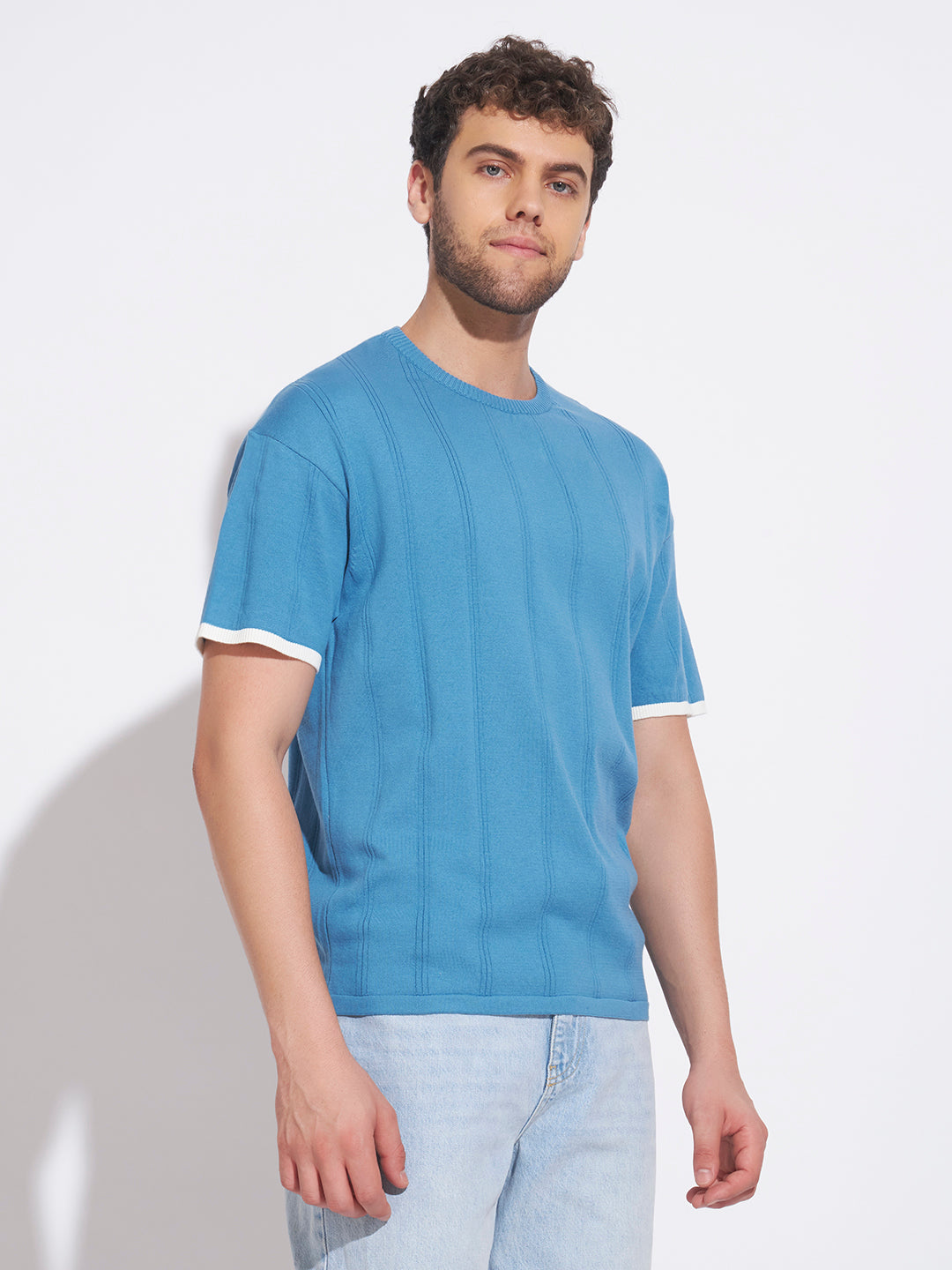 AEDENBURG Men Blue Knitted Cotton Blend T-Shirt