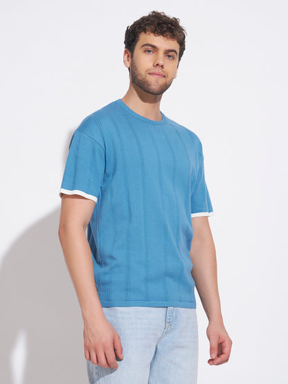 AEDENBURG Men Blue Knitted Cotton Blend T-Shirt