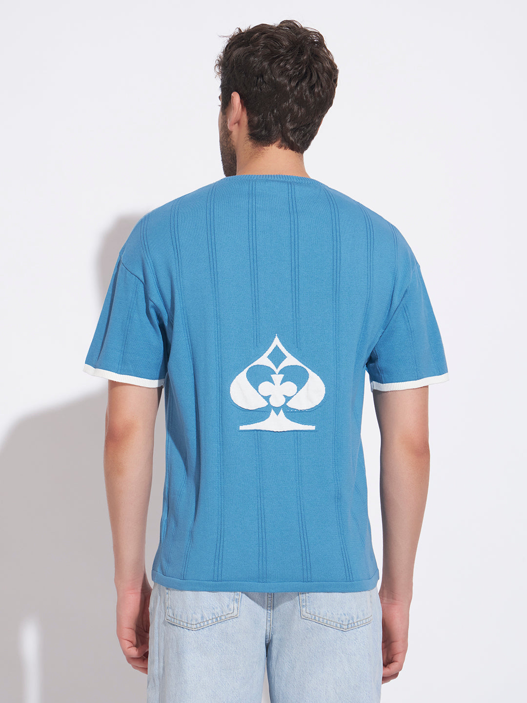 AEDENBURG Men Blue Knitted Cotton Blend T-Shirt