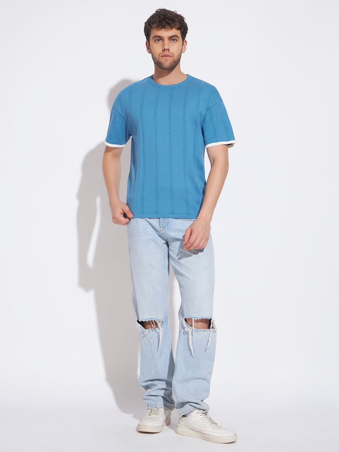 AEDENBURG Men Blue Knitted Cotton Blend T-Shirt