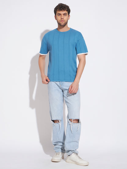 AEDENBURG Men Blue Knitted Cotton Blend T-Shirt