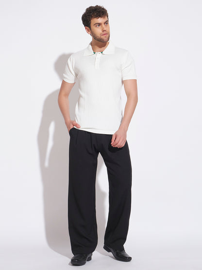 AEDENBURG Men White Knitted Cotton Blend T-Shirt