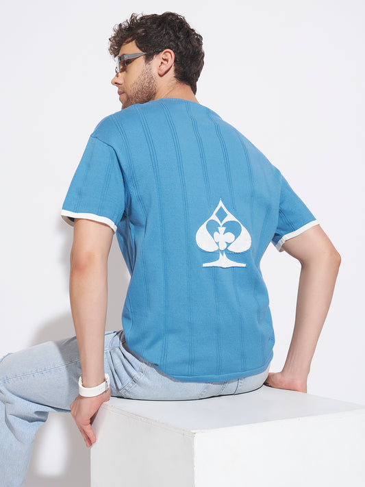 AEDENBURG Men Blue Knitted Cotton Blend T-Shirt