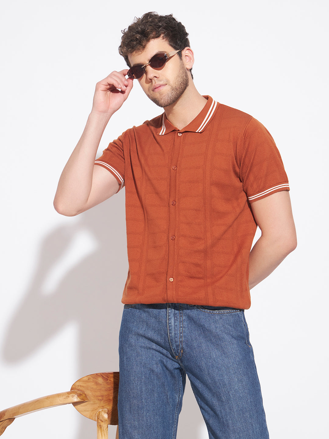 AEDENBURG Men Basket-Weave Rib Panel Stripe Polo Regular Fit Cotton Blend T-Shirt