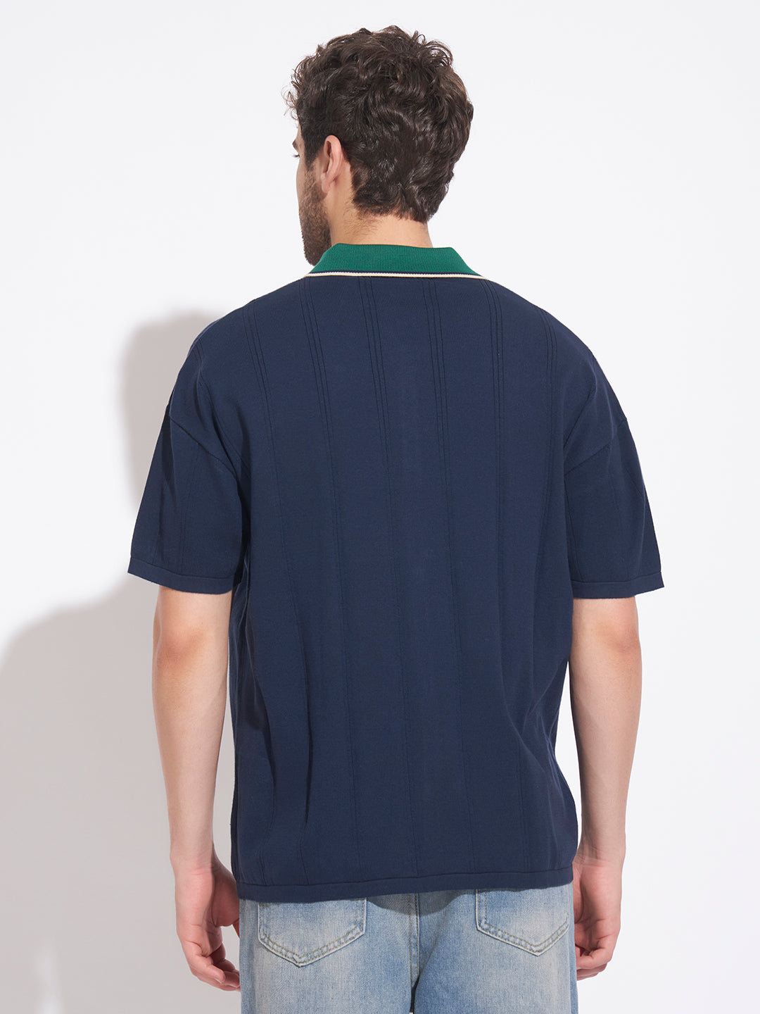 AEDENBURG Men Blue Knitted Cotton Blend T-Shirt