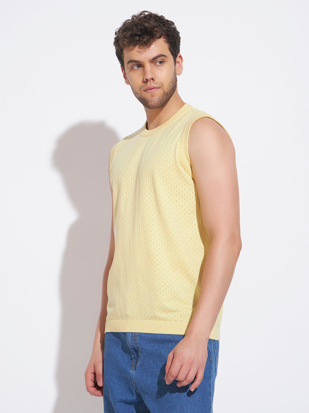 AEDENBURG Men Yellow Knitted Cotton Blend T-Shirt