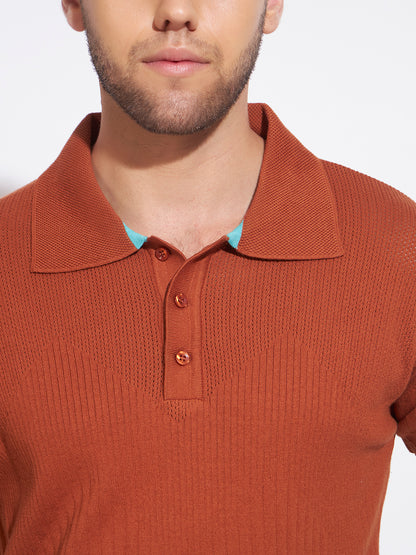 AEDENBURG Men Brown Knitted Cotton Blend T-Shirt