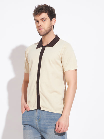 AEDENBURG Men Cream Knitted Cotton Blend T-Shirt