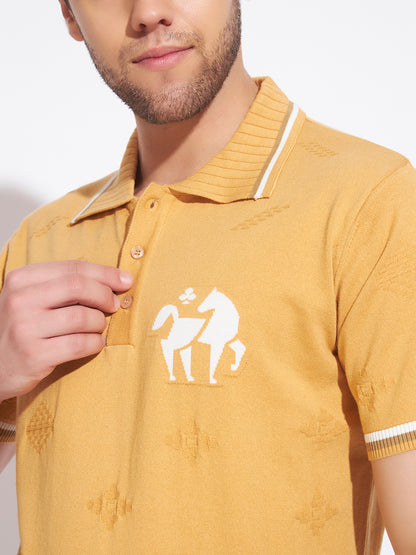AEDENBURG Mens Jacquard Horse-Motif Polo Regular Fit Knitted Cotton Blend T-Shirt