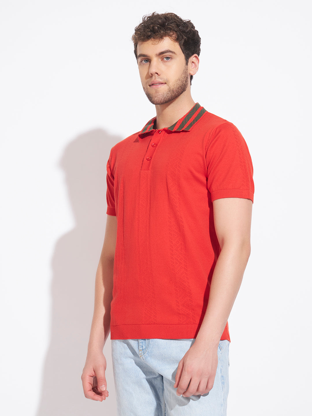 AEDENBURG Men Contrast Jacquard-Stripe Collar Polo Regular Fit Knitted Cotton Blend T-Shirt