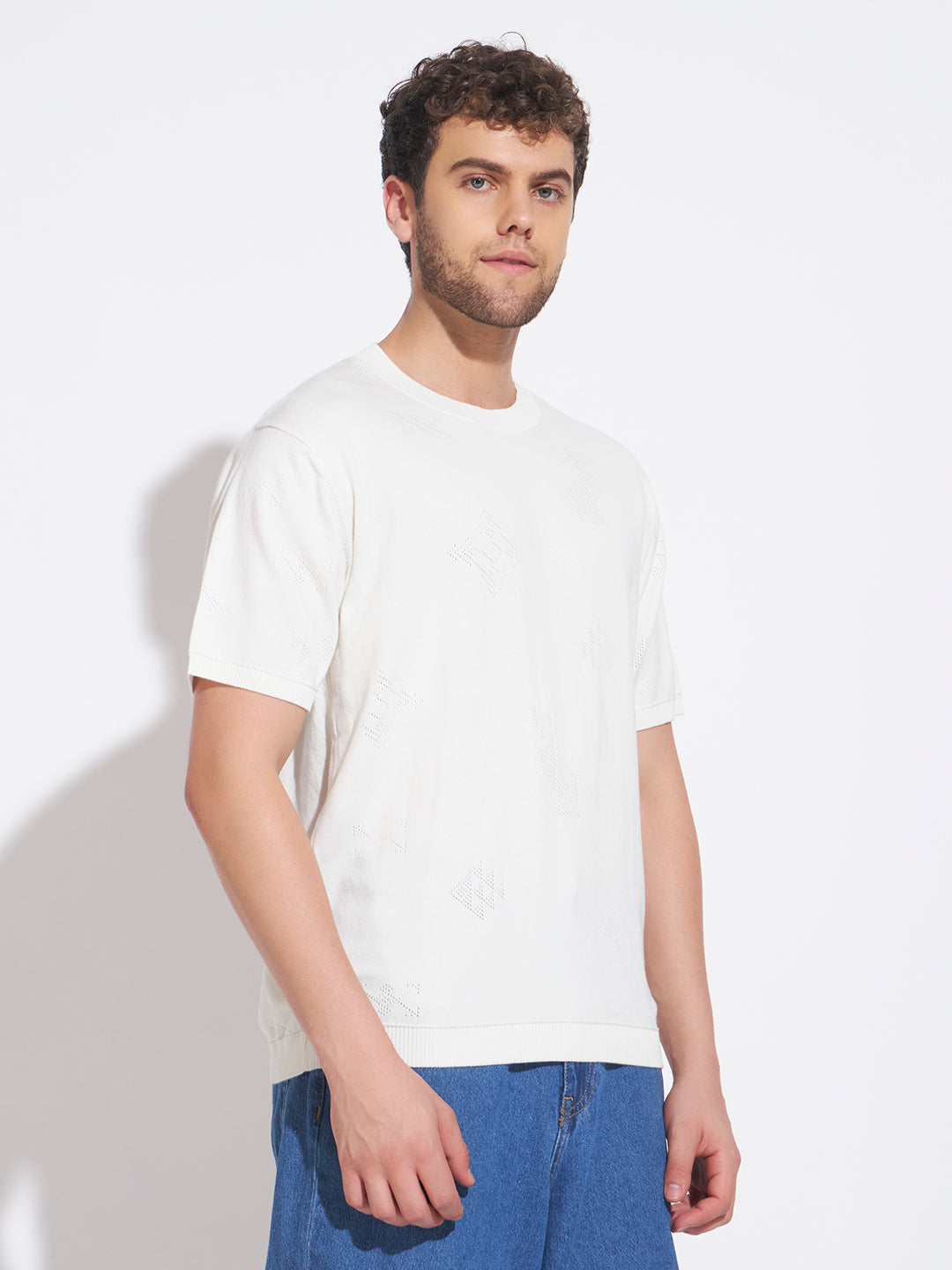 AEDENBURG Men White Knitted Cotton Blend T-Shirt