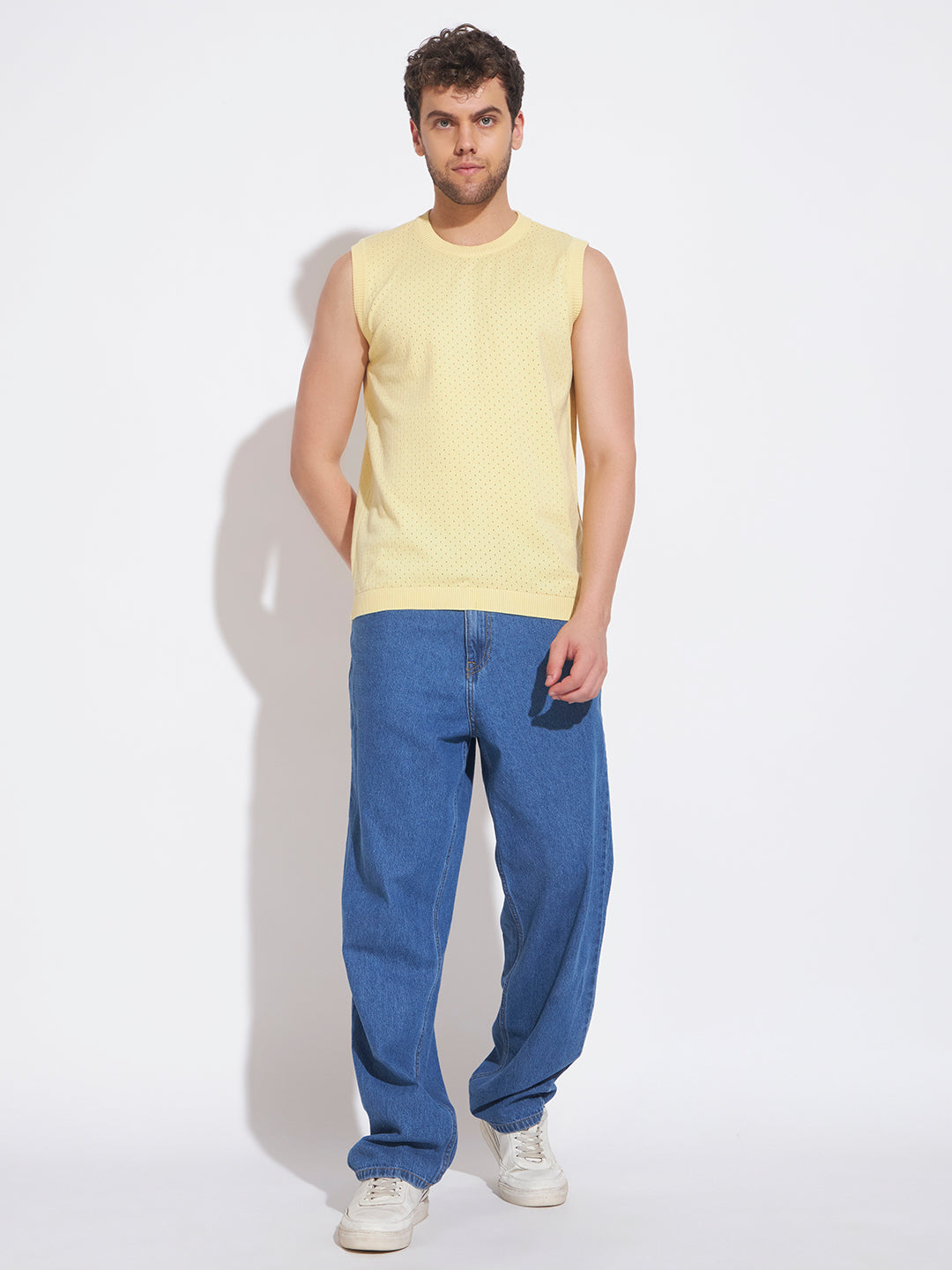 AEDENBURG Men Yellow Knitted Cotton Blend T-Shirt