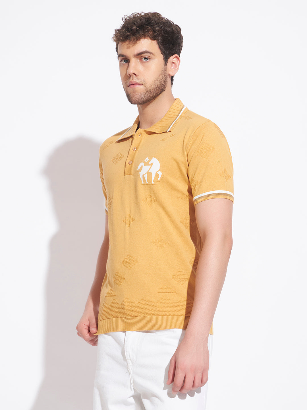AEDENBURG Mens Jacquard Horse-Motif Polo Regular Fit Knitted Cotton Blend T-Shirt