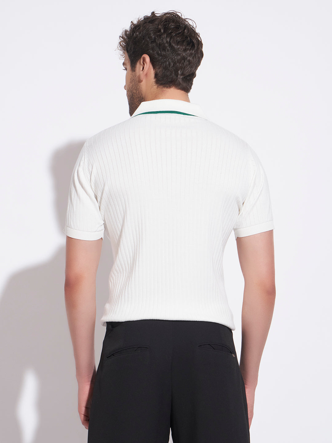 AEDENBURG Men White Knitted Cotton Blend T-Shirt