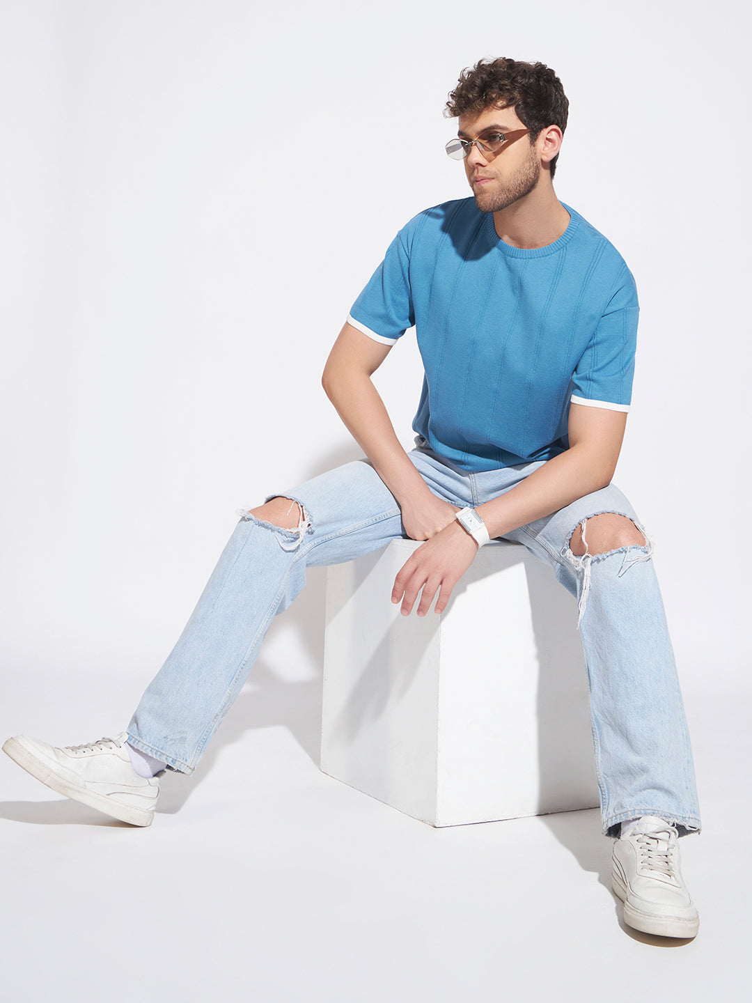 AEDENBURG Men Blue Knitted Cotton Blend T-Shirt