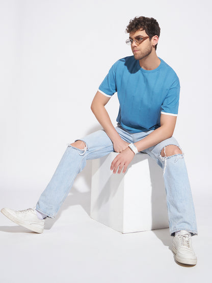 AEDENBURG Men Blue Knitted Cotton Blend T-Shirt