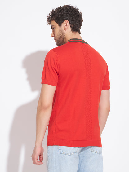 AEDENBURG Men Contrast Jacquard-Stripe Collar Polo Regular Fit Knitted Cotton Blend T-Shirt
