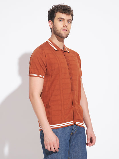 AEDENBURG Men Basket-Weave Rib Panel Stripe Polo Regular Fit Cotton Blend T-Shirt
