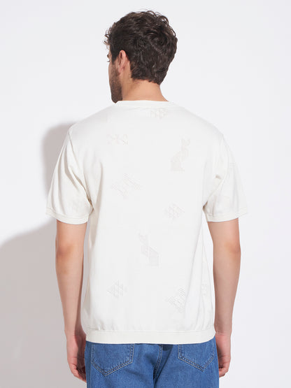 AEDENBURG Men White Knitted Cotton Blend T-Shirt