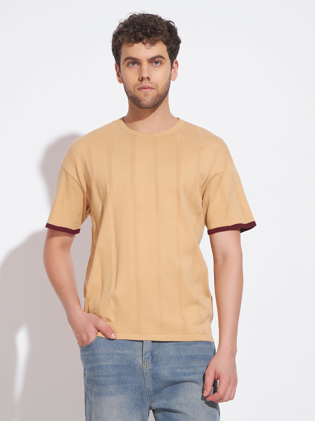 AEDENBURG Men Beige Knitted Cotton Blend T-Shirt