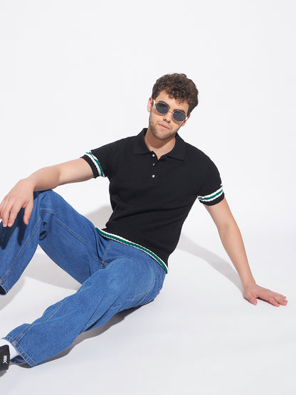 AEDENBURG Men Black Knitted Cotton Blend T-Shirt