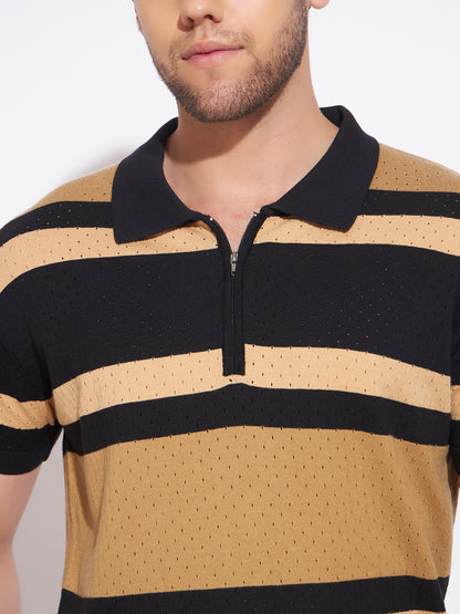 AEDENBURG Men Black Knitted Cotton Blend T-Shirt