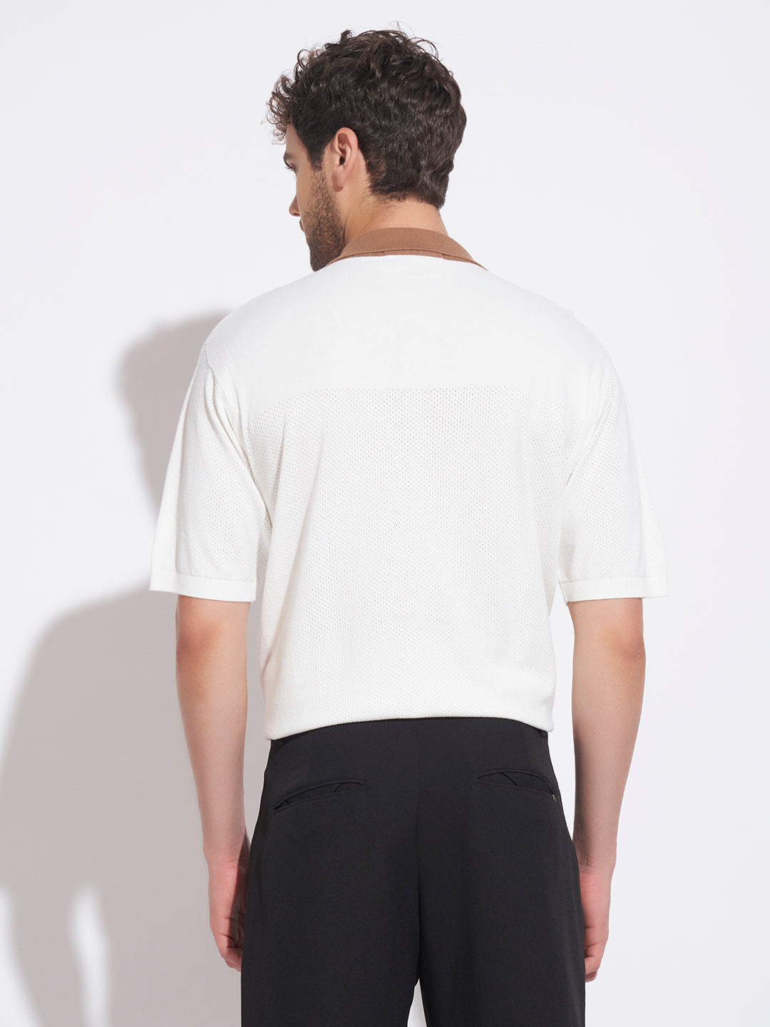 AEDENBURG Men White Knitted Cotton Blend T-Shirt