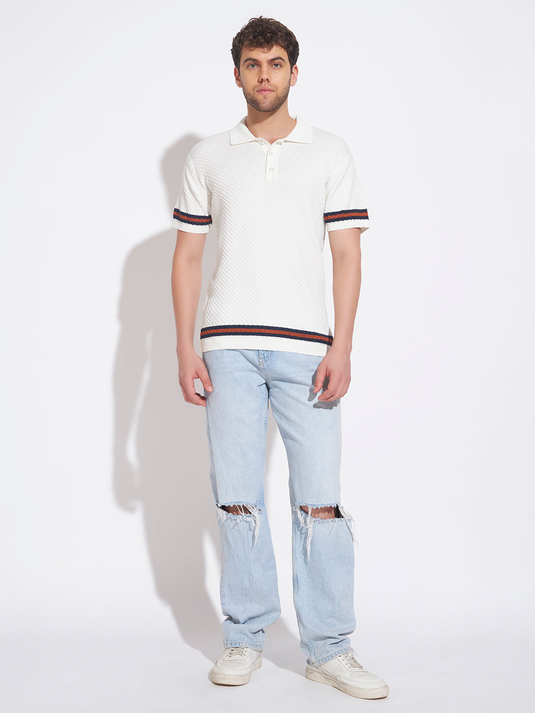 AEDENBURG Men Cable Knit Stripe Tipping Polo Regular Fit Cotton Blend T-Shirt